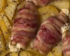 Курячі рулетики в беконі з запеченою картоплею, кадр з відео