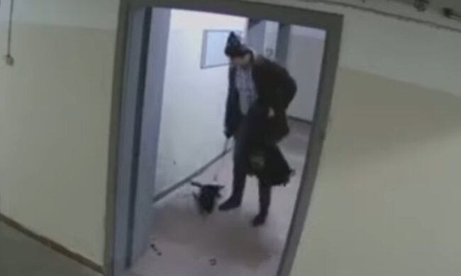 Изверг, который жестоко избил и выбросил беззащитного щенка, скрин с видео