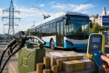 Громадський транспорт, автобус на вулиці українського міста
