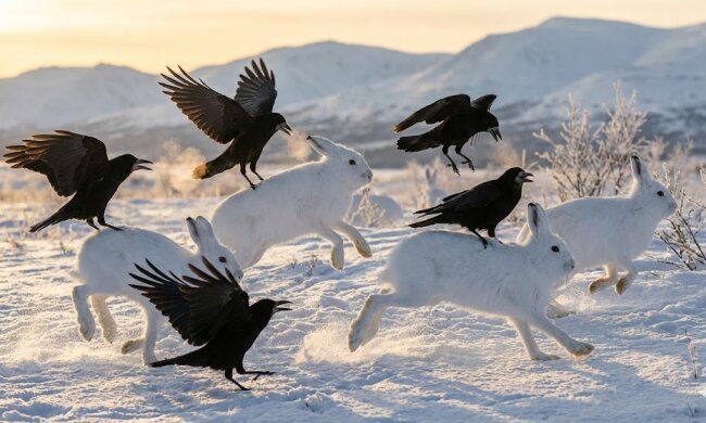 арктические зайцы и грачи \ иллюстрация создана с помощью ИИ