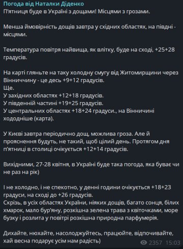 Погода от Наталки Диденко, скриншот: Telegram