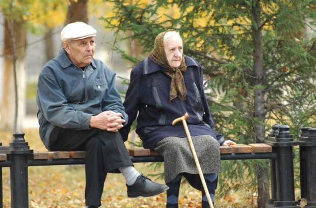 Пенсионеры сидят на скамейке