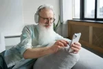 Пенсионер пользуется мобильным телефоном, выбирая выгодный тариф