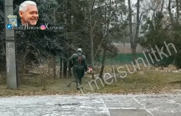 В Харькове "зайцы" Кернеса косят траву под снегом: "А нам все равно"