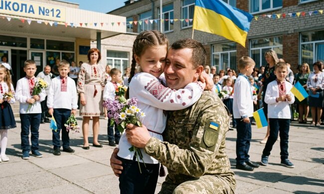 військовий батько обіймає доньку останній дзвоник школа
