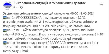 Публікація сторінки Сніголавнинна ситуація в Українських Карпатах: Facebook