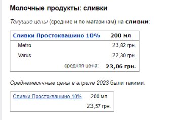 Ціни на вершки. Фото: скрін Мінфін