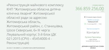 Тендер на ремонт больницы в Житомире. Фото: скрин Прозорро