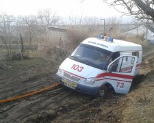 Під Львовом швидка застрягла в багнюці з важким пацієнтом на борту: медики розривалися між крапельницею і лопатами