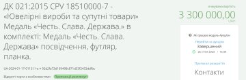 Тендер на закупівлю медалей / фото: скріншот Prozorro