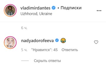 Коментар Наді Дорофеєвої, instagram.com/vladimirdantes