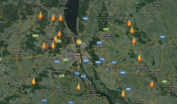 Появилась карта пожаров вокруг Киева