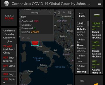 коронавирус в Италии, карта systems.jhu.edu