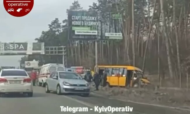 Під Києвом маршрутка з пасажирами злетіла з дороги і гальмувала в стовп: медики відкачують постраждалих