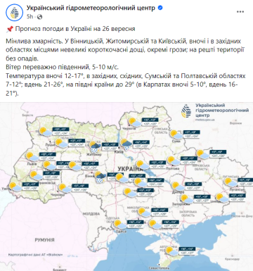 Публікація "Укргідрометцентру", скріншот: Facebook