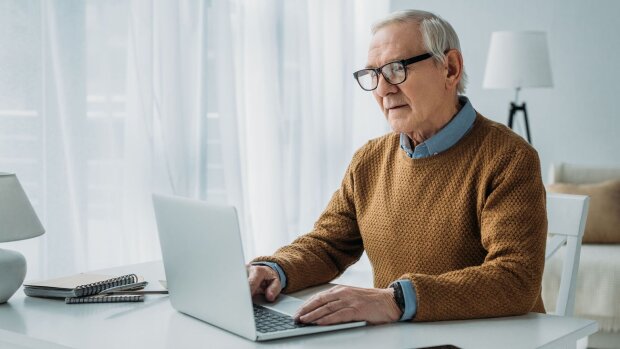 Пенсионер перед экраном ноутбука