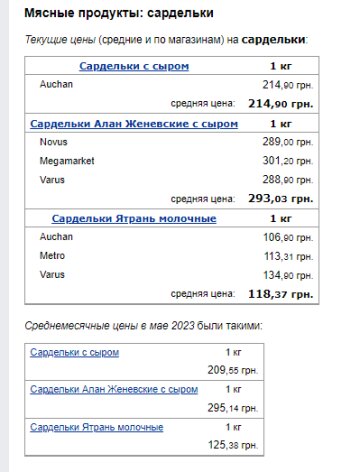 Ціни на сардельки. Фото: скрін Мінфін