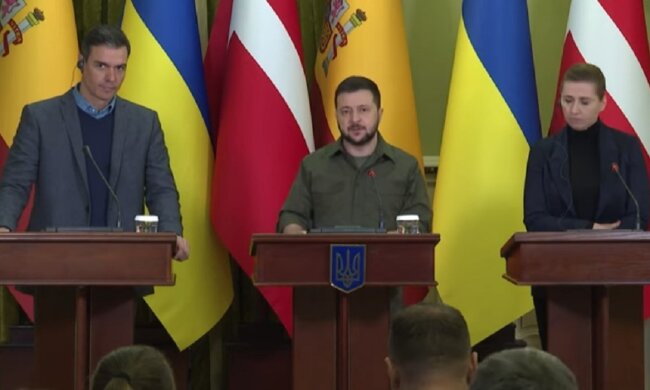 Брифінг Зеленського та представників урядів Іспанії та Данії. Фото: Youtube