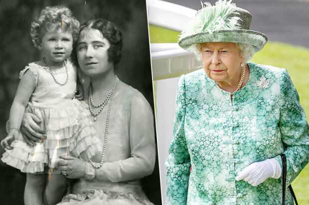 королева Єлизавета в дитинстві з матір'ю і тепер